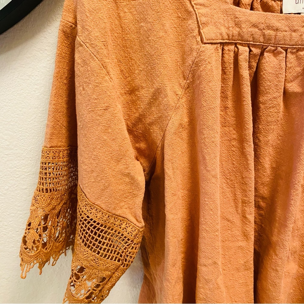⭐️ UMGEE Boho Square Neck Lace Trimmed Tunic Dress Rust Orange Size Medium - Picture 3 of 5
